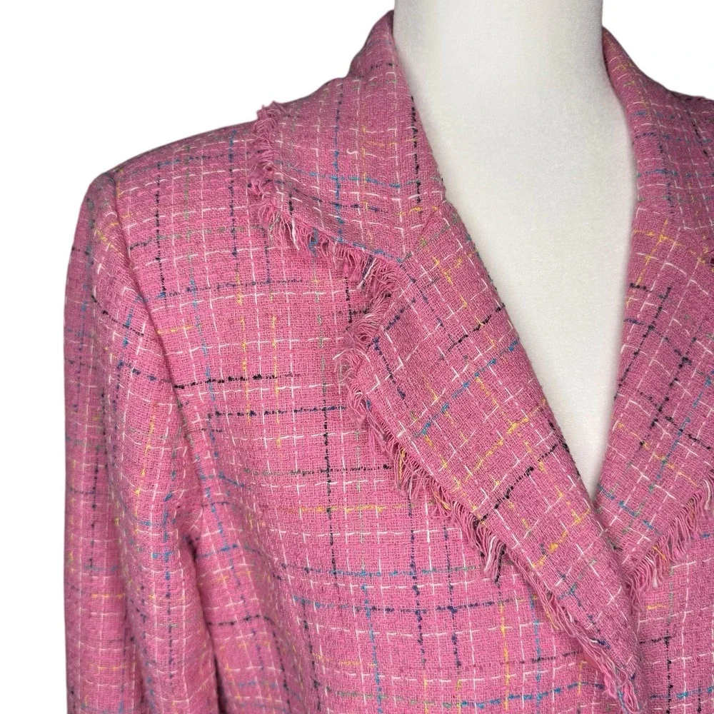 Anne‎ Carson Silk Tweed Blazer M Jacket Pink Frayed Hem Office Career Barbiecore